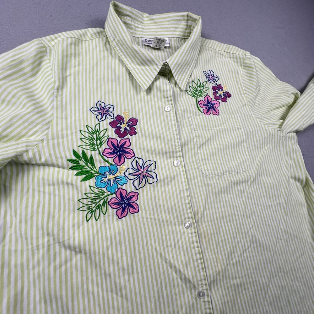Country Store Button Down Shirt Womens XL Green Striped Floral Embroidered Top - Picture 12 of 14